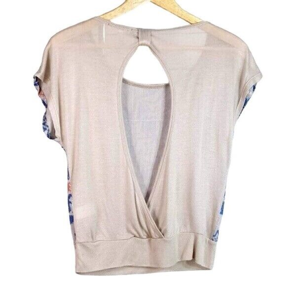 Mauve Star Print Sequin Top Blue Beige Small Open Back Short Sleeve Patriotic - Picture 2 of 6